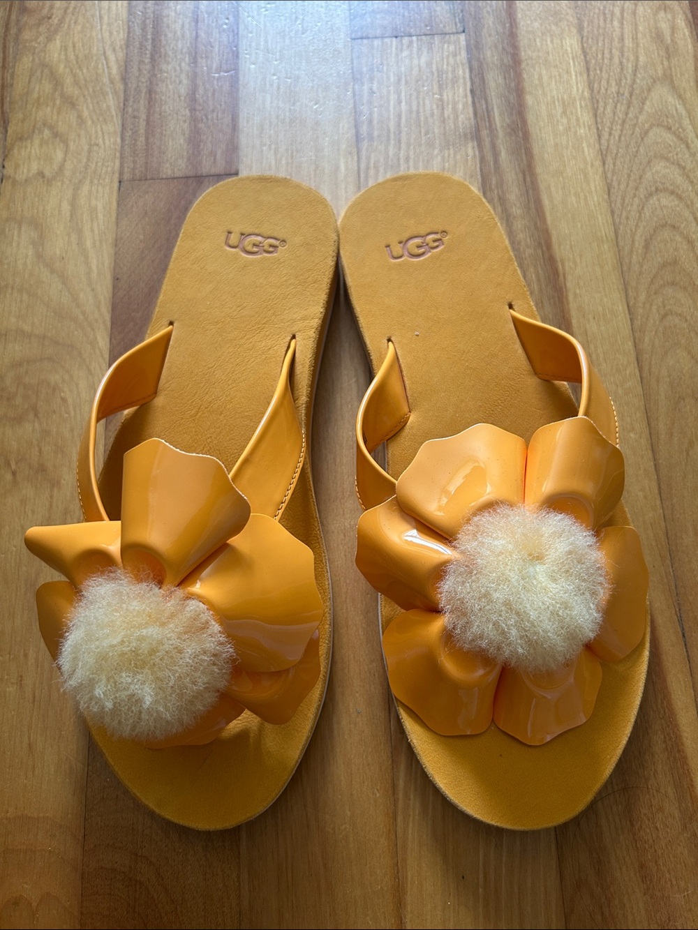 UGG Orange Floral Pom Slide Sandals with Glossy Petals
